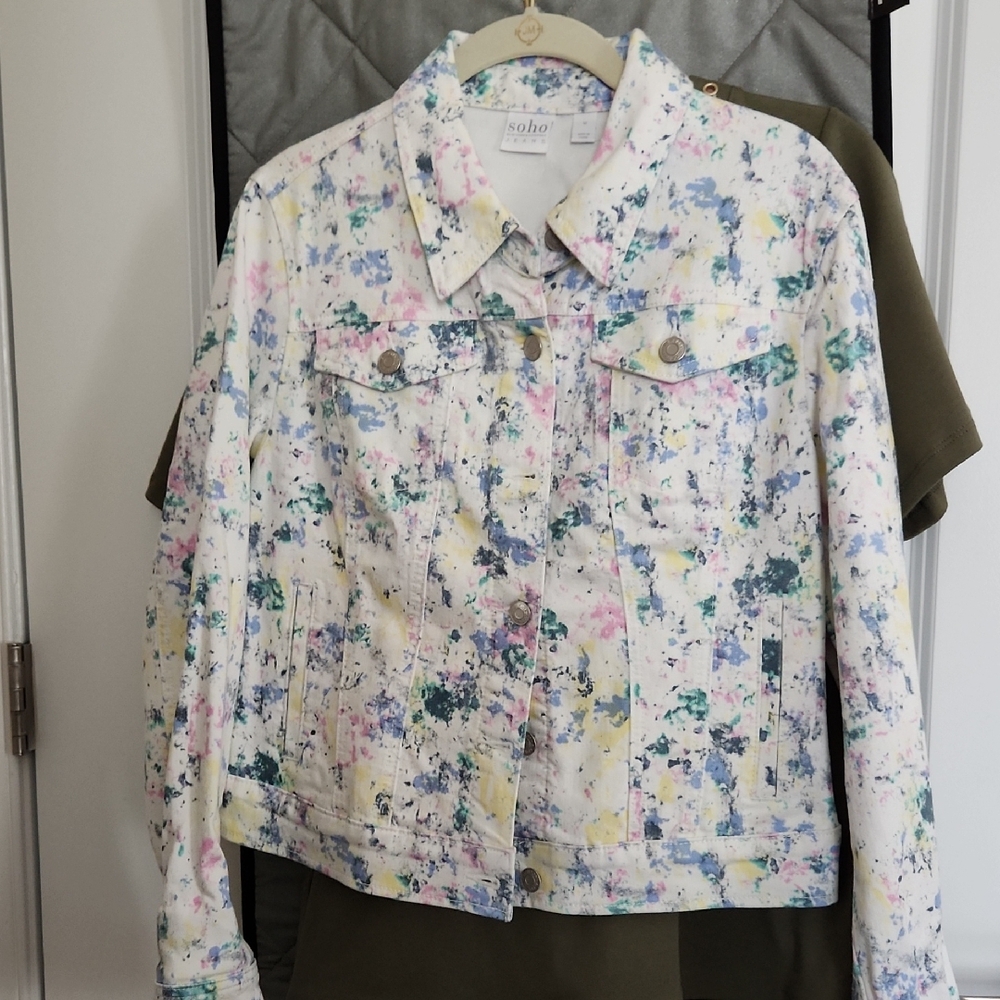 3 Piece set Soho Women's Pastel Splatter Denim Jacket top and pants